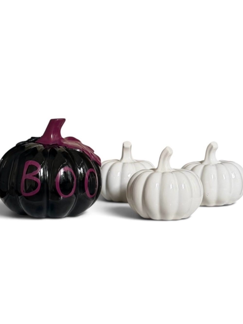 Set of 4 Black and White Decorative Ceramic and Glass Halloween Pumpkins